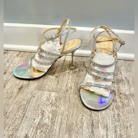 MACH & MACH Camille Silver Strap Heels with Diamanté Bows NWOT - Picture 2 of 13